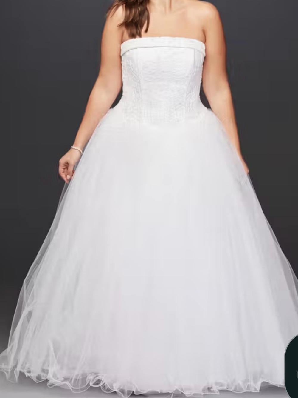 David's Bridal Strapless White Ball Gown with Tulle Skirt